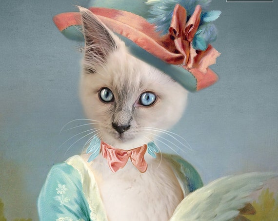 Your cat with blue hat painting from photo. Digital 17th century portrait of your princess.