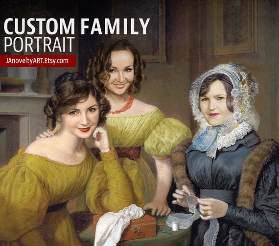 Mother and daughters, Sisters and mom, Custom family portrait, Classical art painting, Personalized gift present, Funny Family Painting