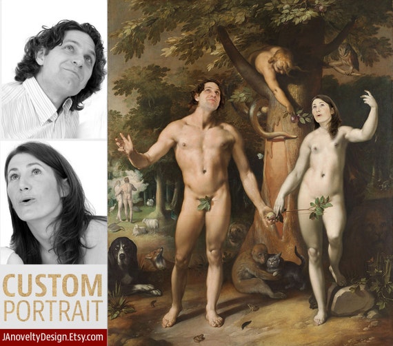 Adam and Eve, Custom couple portrait, Classical artwork, Funny gift, personalized present, Renaissance portrait, Medieval by JAnovelty