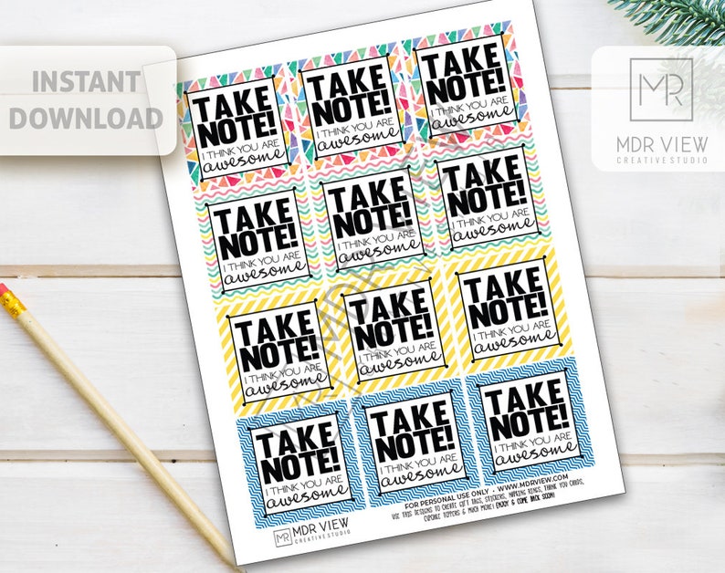 Teacher Appreciation Gifts Friendship Gift Tags Take Note You are Awesome Tags Stickers Printable Tags INSTANT DOWNLOAD Printable Gift