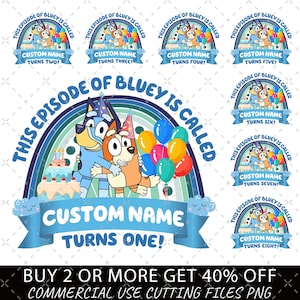 May include: A digital design featuring Bluey and Bingo characters hugging, with a rainbow, balloons, and a birthday cake. The design includes text that reads "This Episode of Bluey is Called" and "Custom Name Turns One!" with additional designs for ages two through eight.