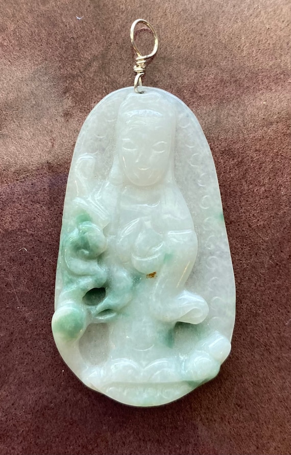 White and Green Jade Quan Yin Pendant, Jade Guan y