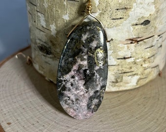 Handmade Beautiful Rhodocrosite in Pyrite Gold Plate wire wrapped pendant, Stunning Statement Piece, Love, Health, Vitality, Manifestation