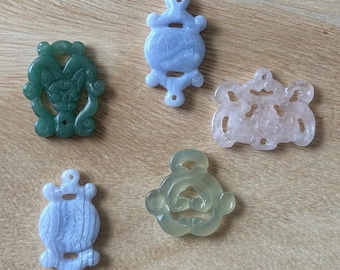 Asian style carved beads Lucky Pendants. Ready to make jewelry pendants. Rose Quartz bat style, 2 Blue Lace Agate, Jade, Aventurine bat.