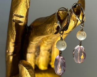 Sterling Silver Pink Topaz and Pearl drop earrings