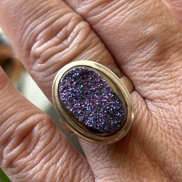 Titanium Druzy Aura Quartz ring, purple peacock, Sterling silver, electroplate