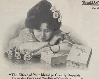 Vintage Stationery Ad Print, Victorian Woman, American Kitsch Wall Decor