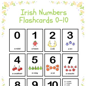 Puede incluir: Tarjetas didácticas para aprender los números irlandeses del 0 al 10. Cada tarjeta muestra un número, su palabra en irlandés y una ilustración relacionada de frutas u objetos. Las tarjetas están enmarcadas con un borde floral.