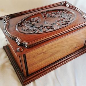 Walnut Wood Cremation Urn with Butterfly Carvings: Handmade in USA