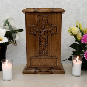 Catholic Jesus Cross Urn for Human Ashes Sized for Niche / Handmade in USA carved in Mahogany / Expedited Shipping Available / Cremation Urn