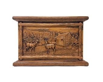 Handcrafted Oak Cremation Urn with Cabin, Deer, Mountain & Pine Tree Carvings | Wooden Memorial Urn for Ashes | 240 cu in | Made in USA