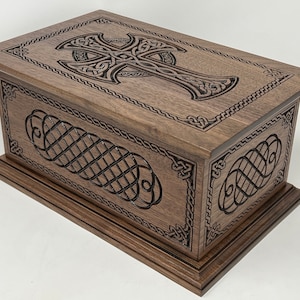 Celtic Cross Urn for Human Ashes / Wooden Irish Catholic/ Companion and Adult Sized Urn / Carved Christian Protestant Urn in Walnut Hardwood