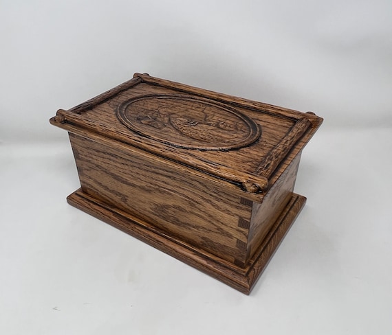 Fisherman Cremation Urn Handmade in USA: Carved Fishing Scene, Rustic Oak Hardwood