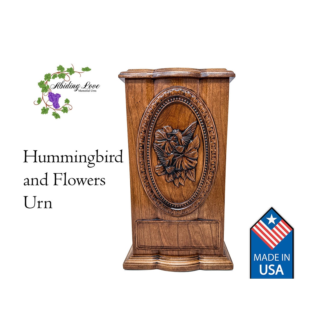 Handcrafted Cherry Wood Cremation Urn: Hummingbird and Flowers ...