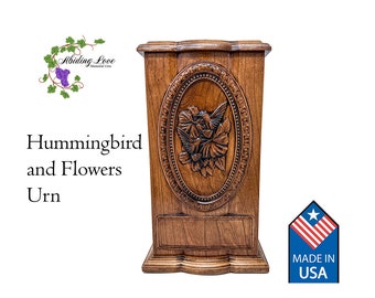 Handcrafted Cherry Wood Cremation Urn: Hummingbird and Flowers, Personalized Inscription, Made in USA