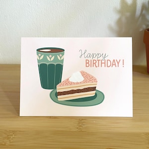 Biglietto di compleanno fatto a mano / Biglietto di compleanno / Buon compleanno / Torta di compleanno / Illustrazione di torta e caffè / Biglietto di auguri di compleanno
