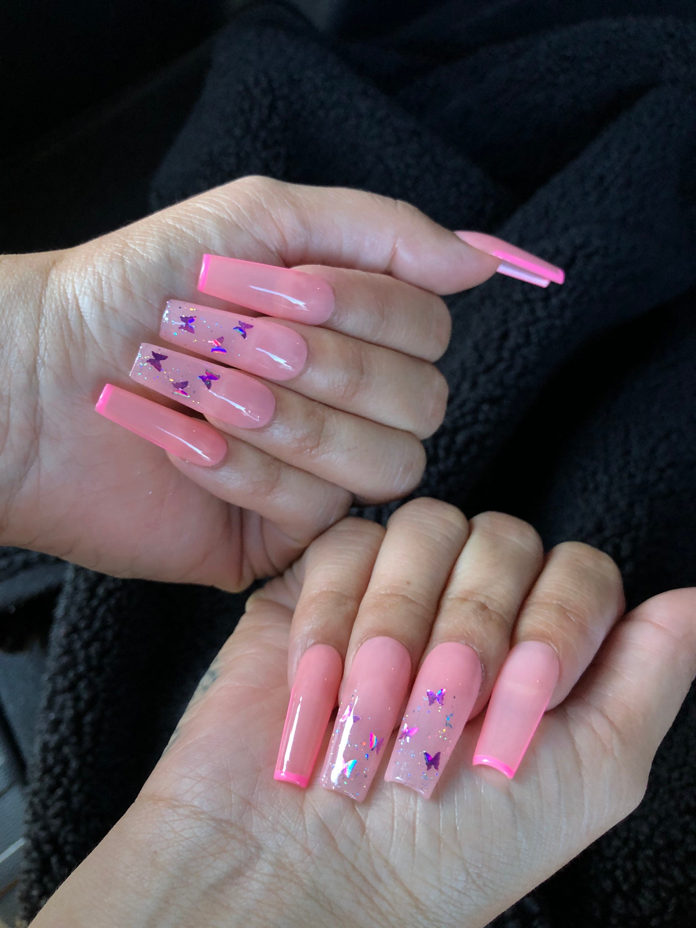 Pink French Tip Press On Nails Butterfly Nails Coffin Etsy New Zealand