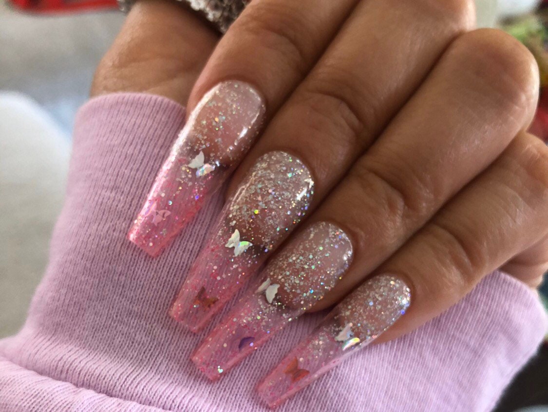 Ombre Glittery Butterfly Clear Pink Tips Press on Nails - Etsy