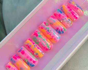 Blooming gel, press on nails, trendy nails, summer nails, pink nails, square nails, fake nails, reusable nails, nail glue, phone charms,