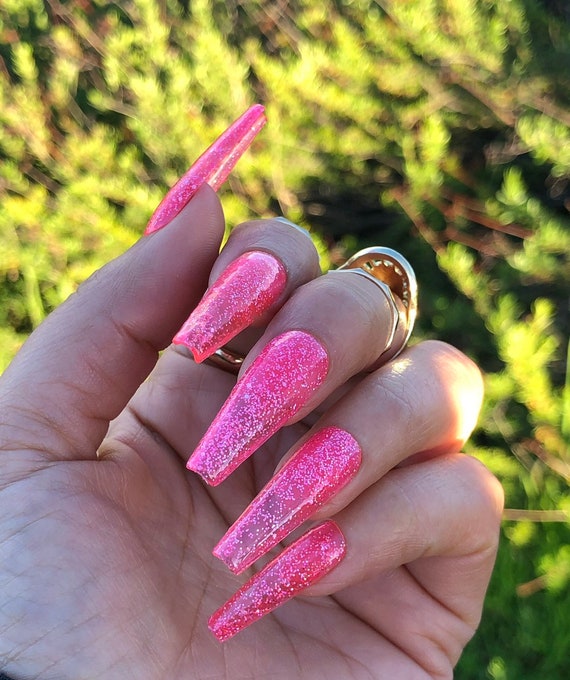 Sparkly Pink Press on Nails Long Nails Coffin Nails Nails - Etsy