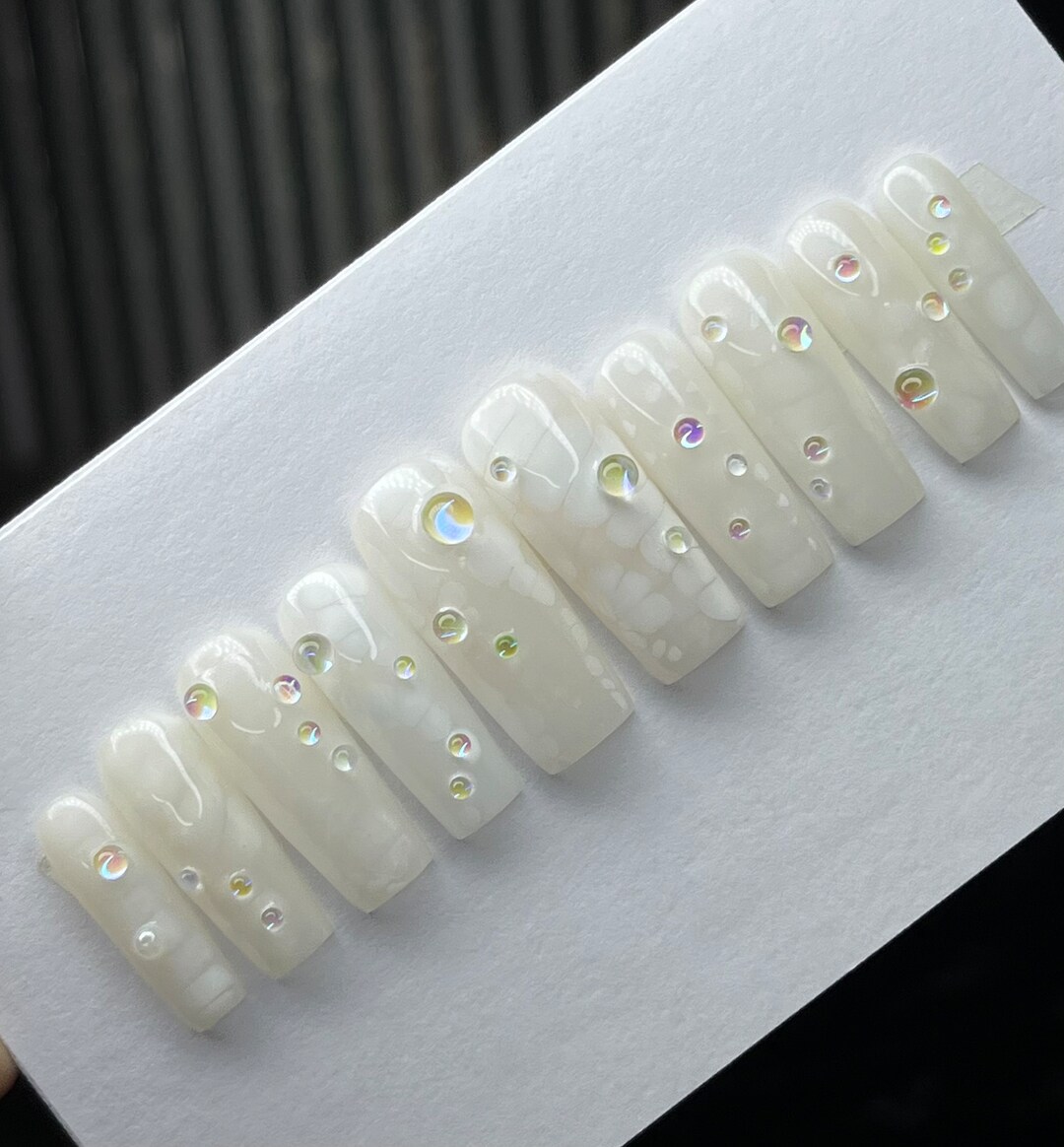 Milky White Press on Nails Wet Drops White Pearls Luxury - Etsy