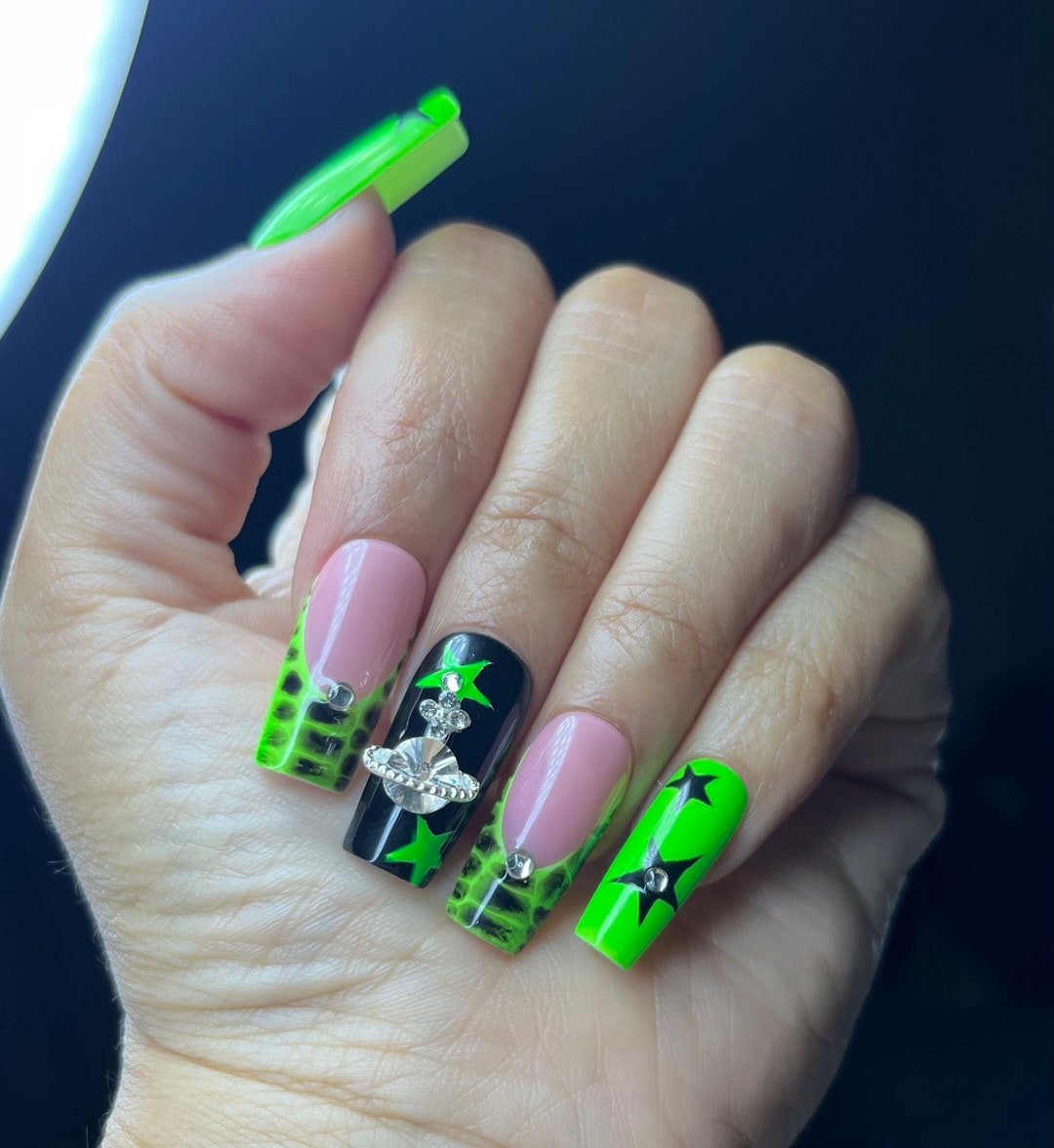 Lime Green Nails Green & Black Nails Croc Nails Y2k Etsy