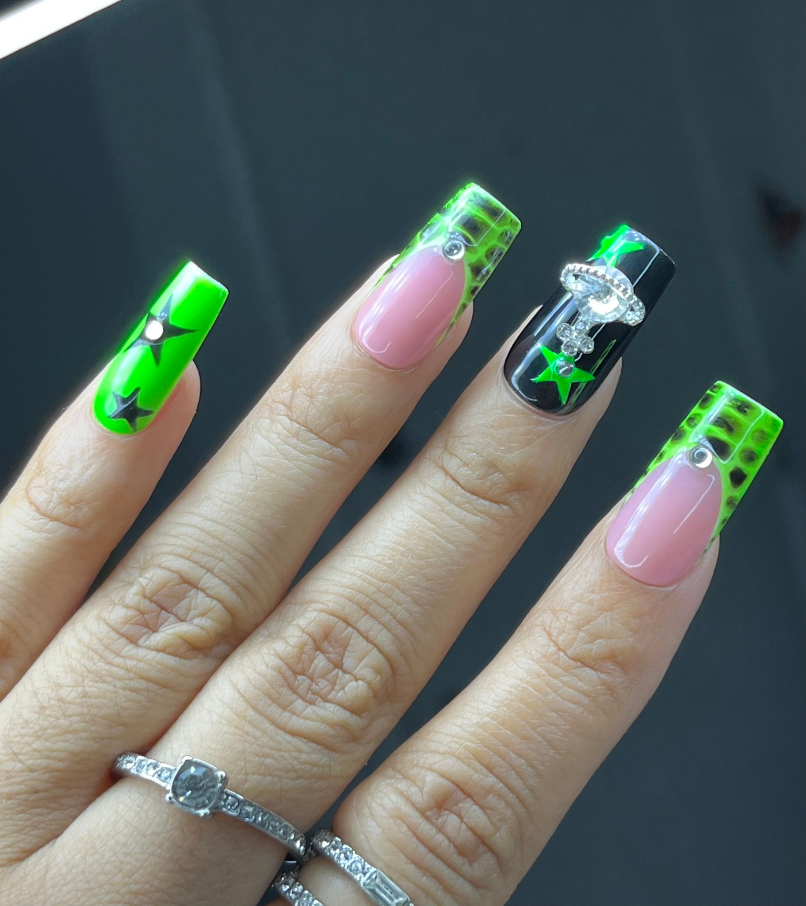 Lime Green Nails Green & Black Nails Croc Nails Y2k Etsy