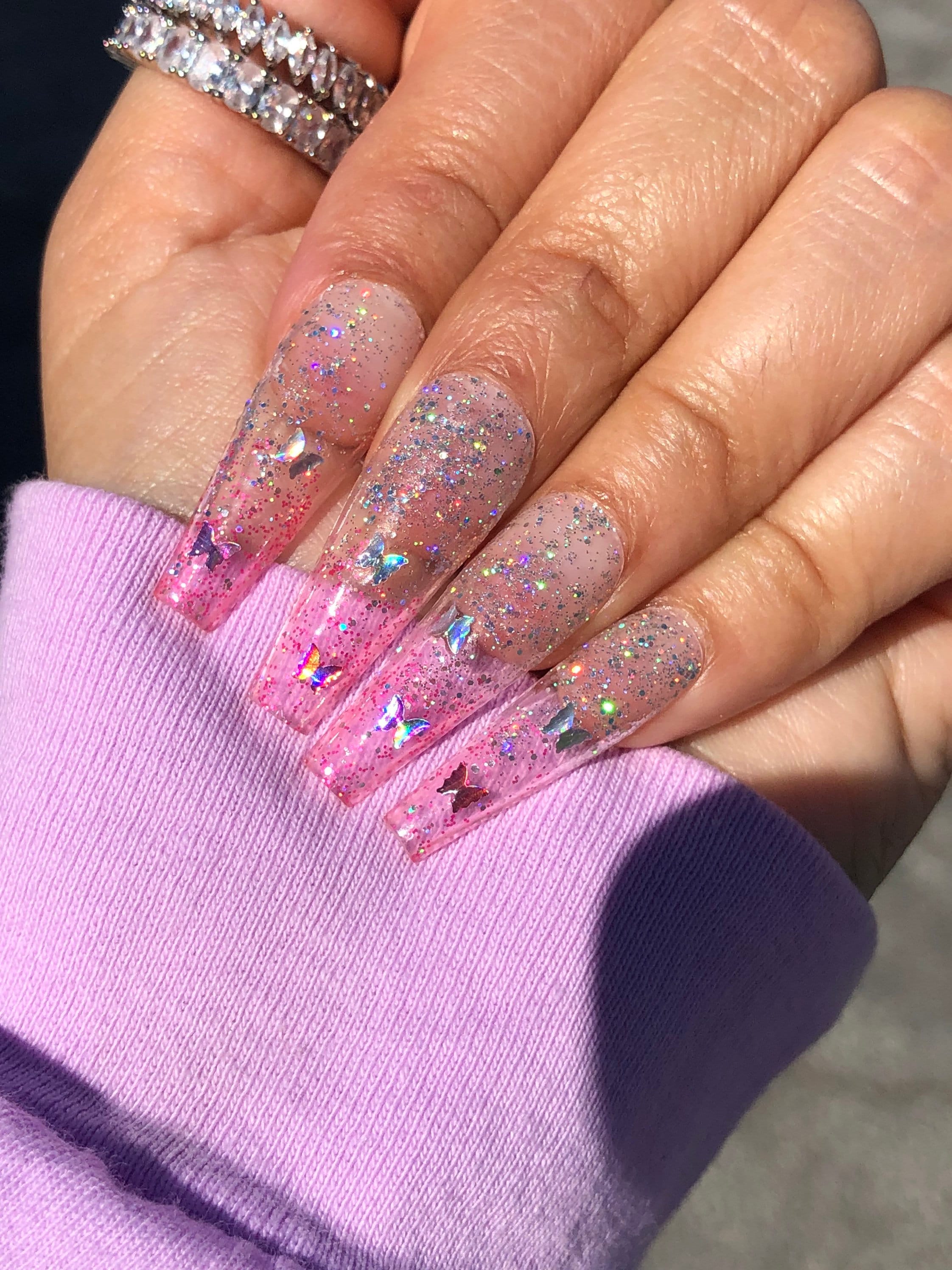 Ombre Glittery Butterfly Clear Pink Tips Press On Nails Etsy Uk