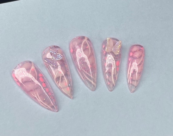 Pink Blooming Gel Nails Croc Nails Glitter Nails Y2k Nails - Etsy