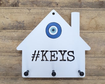 Key Holder for Wall, Wood Key Holder, Wood Wall Art Decor, New Home Gift, Key Rack, Key Organizer, Key Storage, Wall Key Hooks, Evil Eye