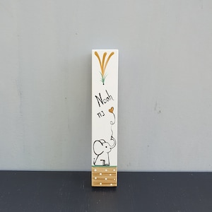 Hand painted elephant mezuzah case for boys nursery on white wood. Personalized Jewish mezuzah for baby room, kids room decor and meaningful newborn gift with custom name in Hebrew or English.