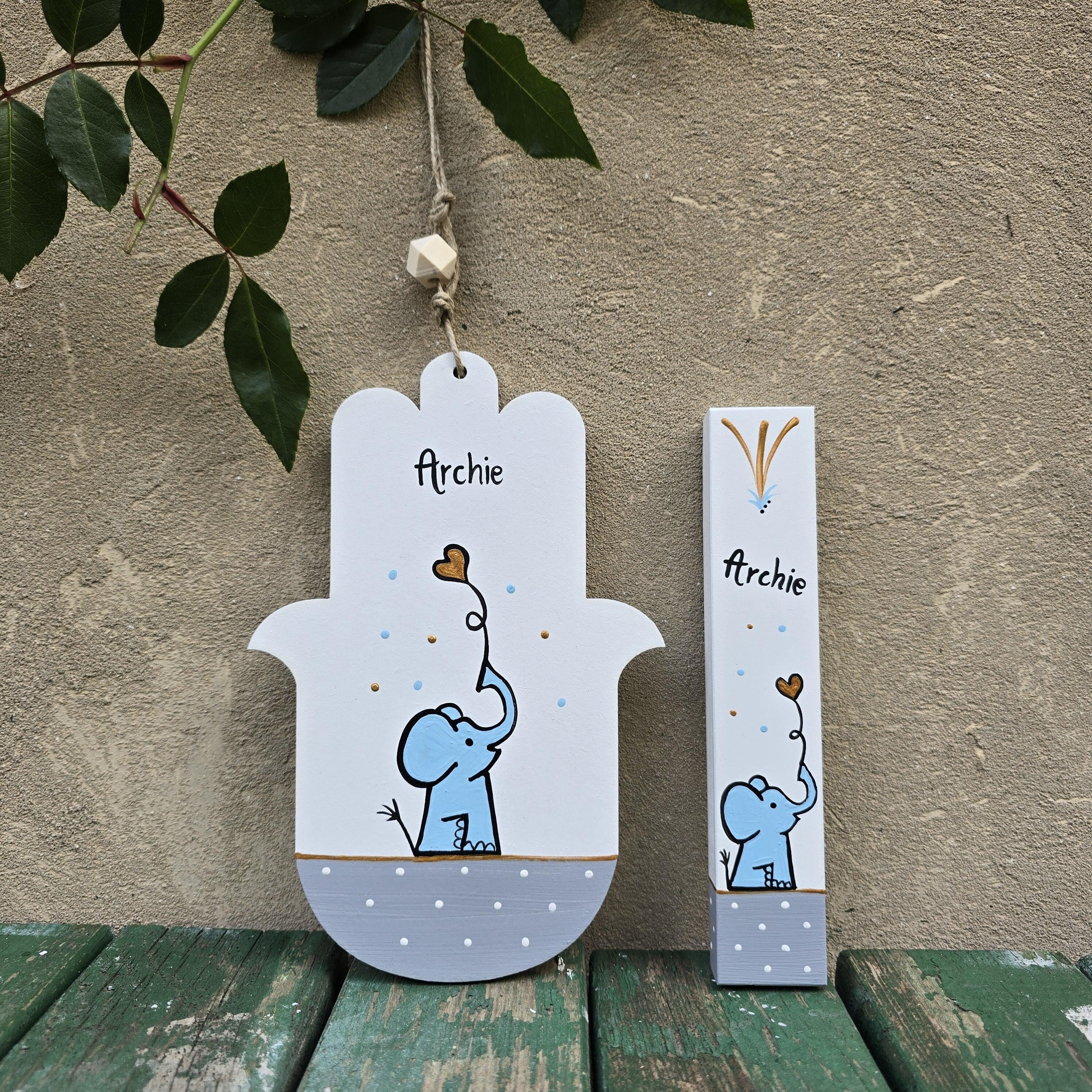 Hamsa and Mezuzah Set, Jewish Baby Naming Gift, Children's Mezuzah, Mezuzah Case, Gift for Bris, Personalized, Jewish Gifts, Elephant