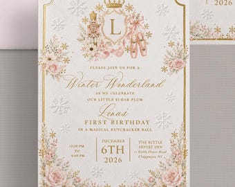 Pink Winter Wonderland Nutcracker First Birthday Invitations, Sugar Plum Ballerina Birthday Invite, Gold Foil & Embossed Invitation