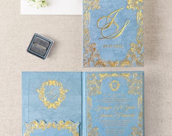 Velvet Folio Wedding Invitation: Blue Hardcover with Gold Foil Monogram
