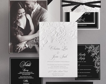 Embossed Black and White Wedding Invitation Suite | Embossed Floral Wedding Invitations | Black Tie Wedding Invitation with Photo