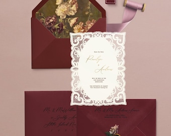 Moody Floral Lace Save the Date Invitation with Gold Foil, Vintage Botanical Wedding Invitation, Romantic Old World Stationery