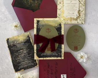 Moody Fairytale Wedding Invitation Suite: Gold Foil, Castle Liner, Deckled Edge, VIxGABRIELLE