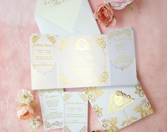 Gold Foil Victorian Wedding Invitation Set, Ivory Gatefold with Pocket Folder, Luxury Cloud Dancer Wedding Invitations, Modern Elegant Card