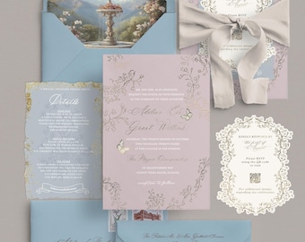 Dusty Blue & Blush Wedding Invitations, Rococo Fountain Envelope Liner, Romantic European Quinceanera Invitation Suite, Gold Foil Invite