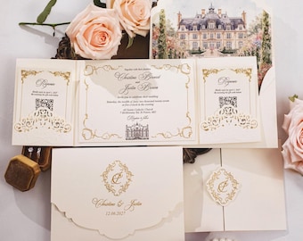 French Chateau Wedding Invitation Suite, Ivory Gold Foil Laser Cut Pocket Invite, Luxury Estate Venue Wedding Invitations