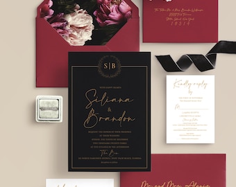 Vintage Glam Invitation with Modern Gold Foil Calligraphy Font, Unique Burgundy and Black, Dark and Moody Monogram Wedding Invitation