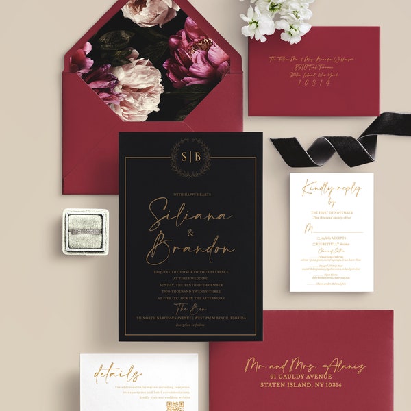 Vintage Glam Invitation with Modern Gold Foil Calligraphy Font, Unique Burgundy and Black, Dark and Moody Monogram Wedding Invitation