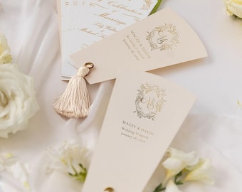 Wedding Fan Program with Tassel, Ceremony Fan Program, Gold Foil Monogram Program, Petal Fan Wedding Program, Church Ceremony Fan, VIxMacey