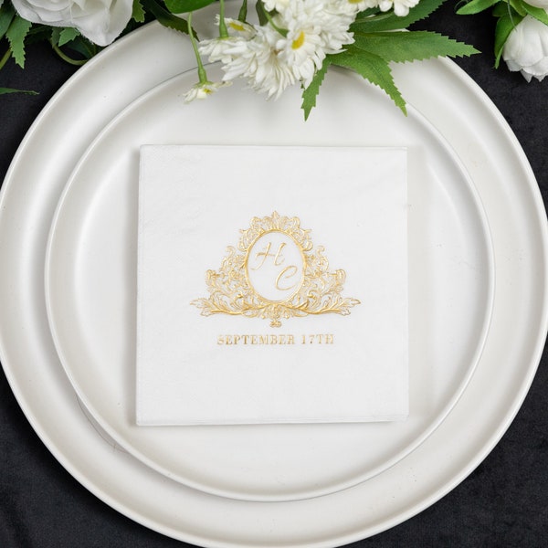 Personalized Foil Napkins Wedding Anniversary Engagement Printed Custom Monogram Cocktail Beverage