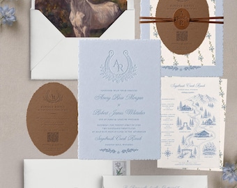 Ranch Wedding Invitation Suite | Equestrian Blue Handmade Paper Invitation | Horse Liner | Leather Belly Band | Western Editorial