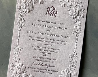 Rose Sculpted Emboss and Letterpress Wedding Invitation Suite | Velvet Details, Oval RSVP Card, and Embossed Envelopes