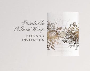 Coastal Wedding Envelope Liner | Gold Foil Sea Shell Starfish Vellum Wrap | Printable Destination Beach Wedding Accessories for Invitations