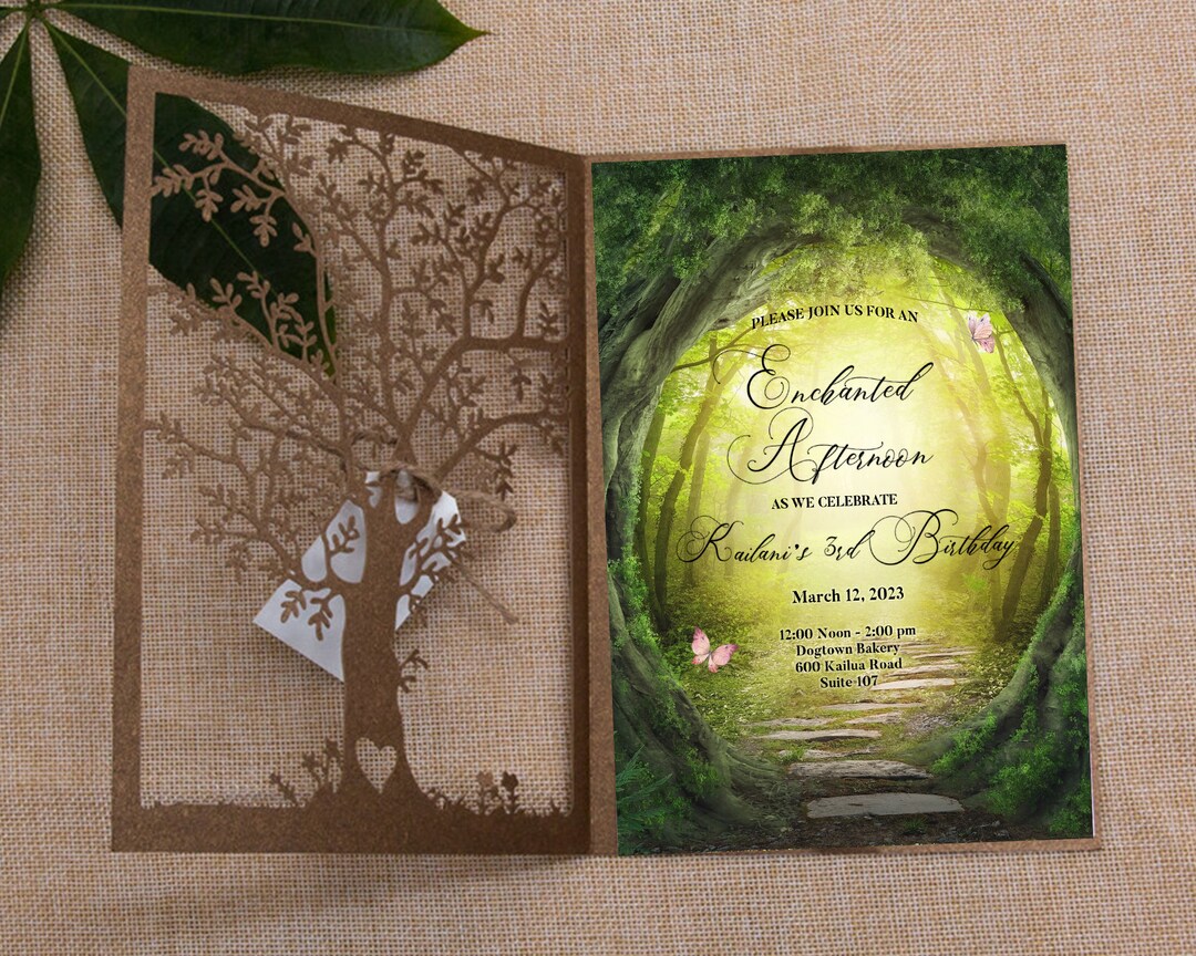 Enchanted Forest Laser Cut Tree Quinceanera Invitation, Rustic Wedding