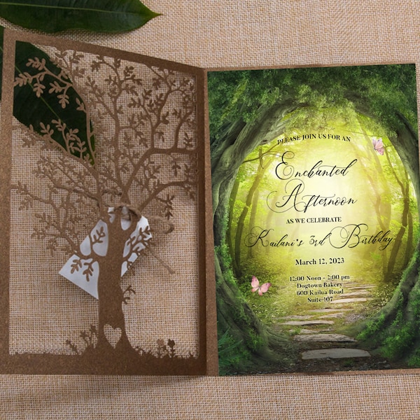 Enchanted Forest Laser Cut Tree Quinceanera Invitation, Rustic Wedding Invitation Suite, Country Bohemian Wedding