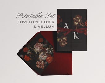 Moody Printable Envelope Liner & Vellum Overlay Set | Romantic Floral Wedding Invitation Templates | Digital Download | VIxMonica